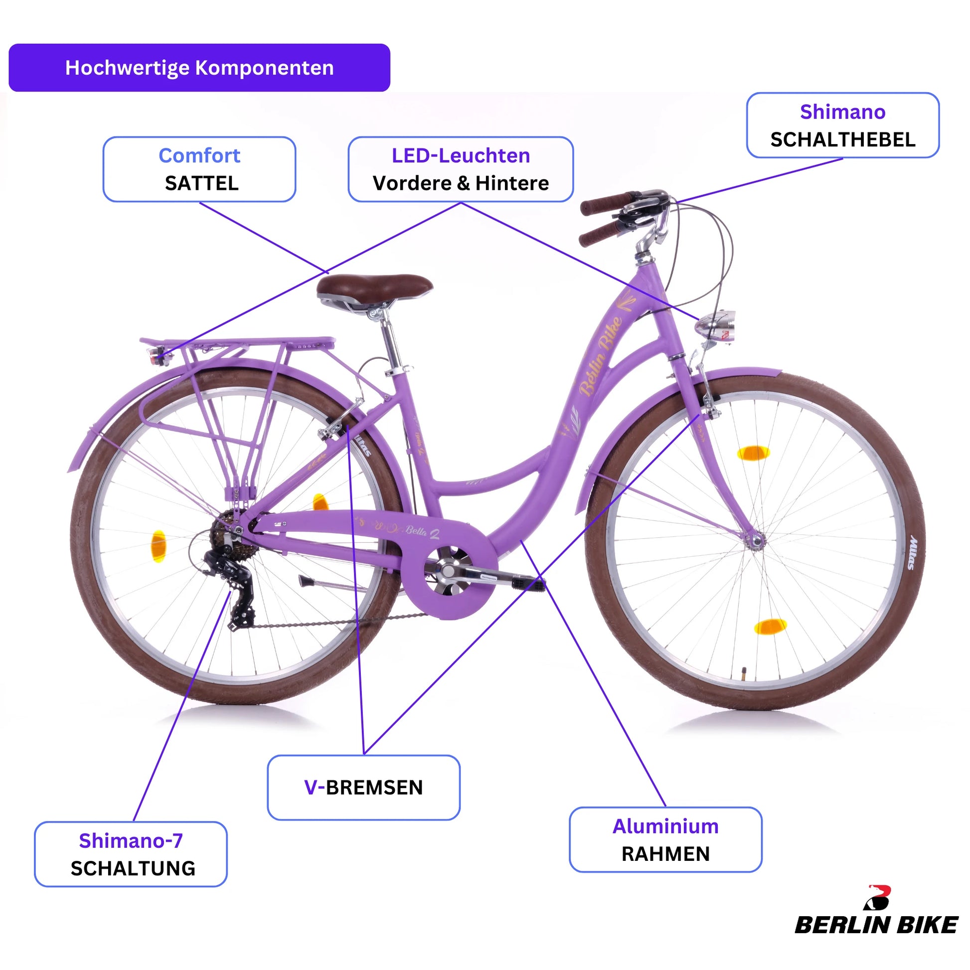 Schema zum Berlin Bike Damenfahrrad Bella 2 in Lila mit Darstellung der hochwertigen Fahrradteile und Komponenten des 28-Zoll-Citybikes.