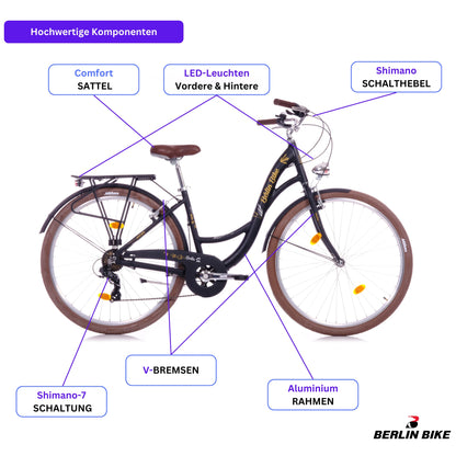 Schema des Berlin Bike Damenfahrrads Bella 2 in Schwarz mit Übersicht der hochwertigen Fahrradteile und Komponenten des 28‑Zoll‑Citybikes