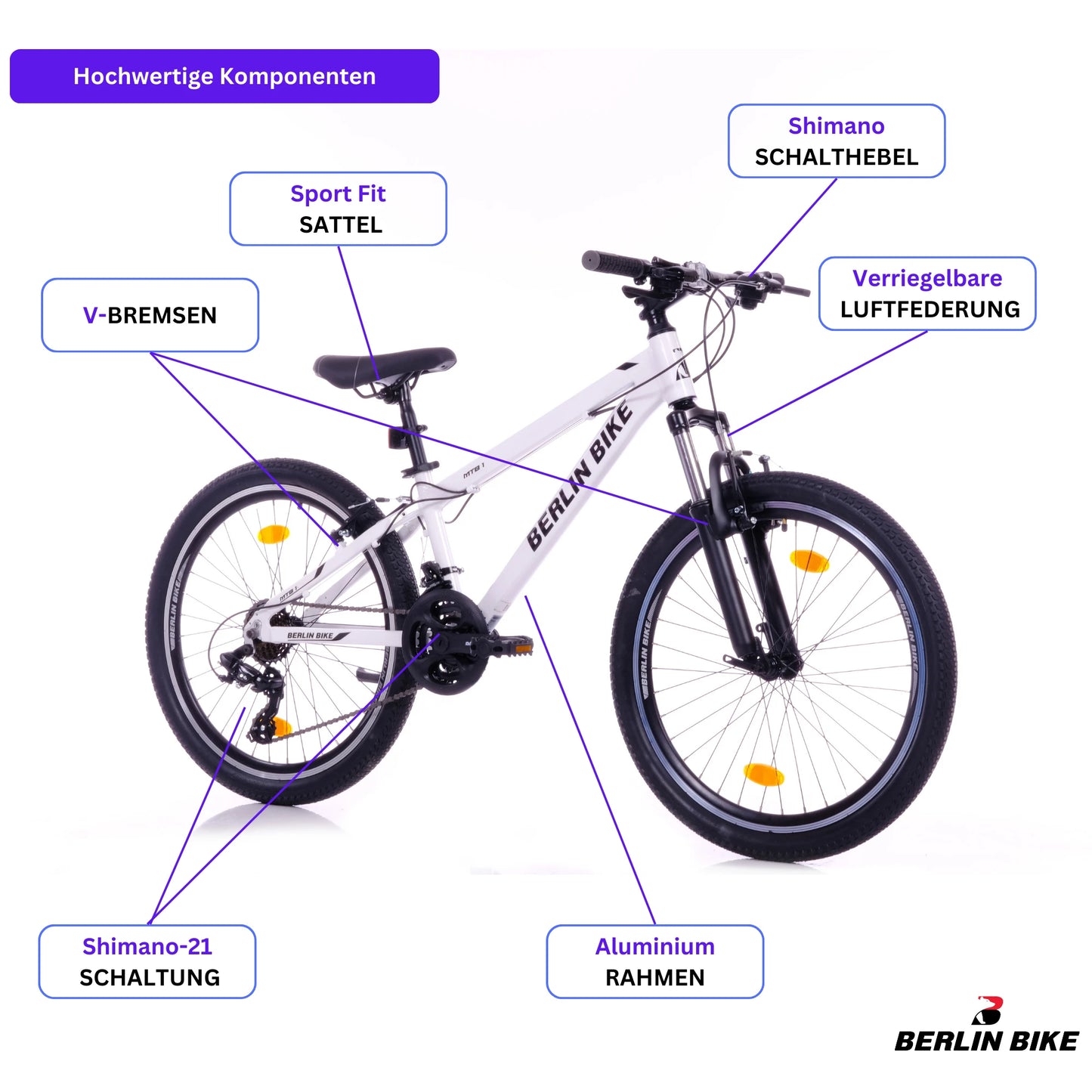 Berlin Bike MTB1 24 Zoll Kinderfahrrad, Weiss hochwertige fahrradteile schema