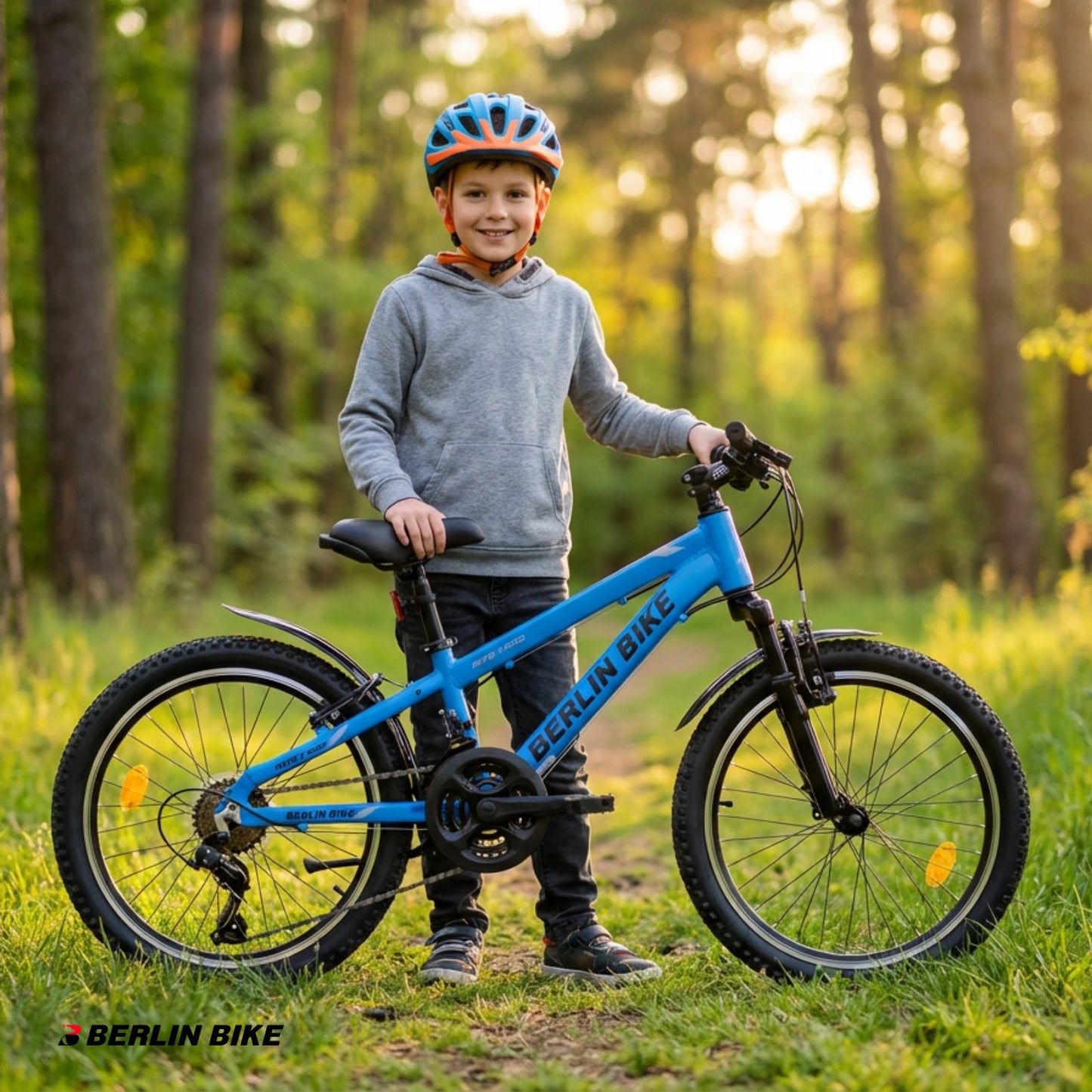 Berlin Bike MTB1 20 Zoll Kinderfahrrad, Blau lifestyle junge steht neben dem fahrrad im park