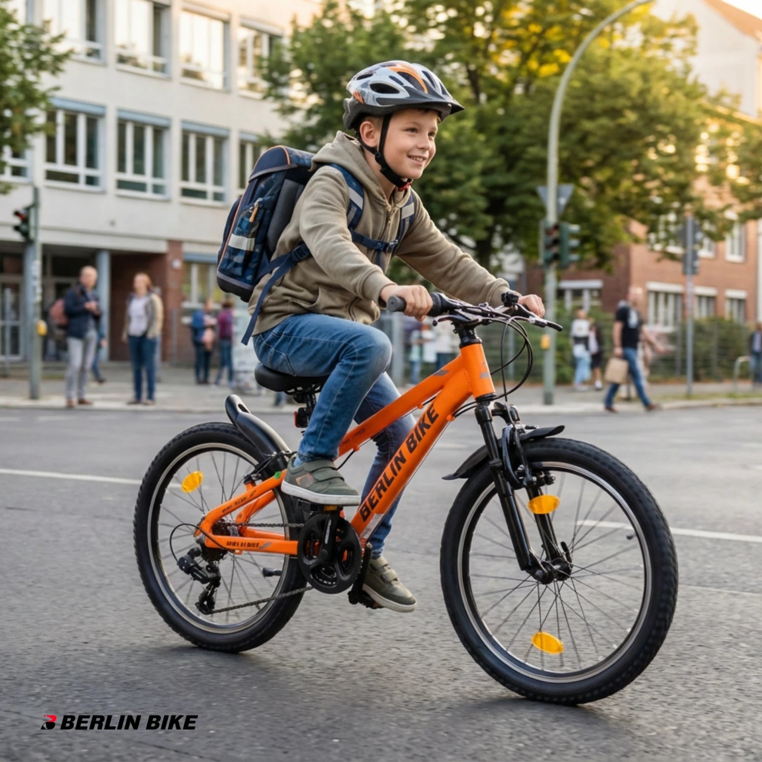 Berlin Bike MTB1 20 Zoll Kinderfahrrad, Orange lifestyle junge geht zur schule mit rucksack