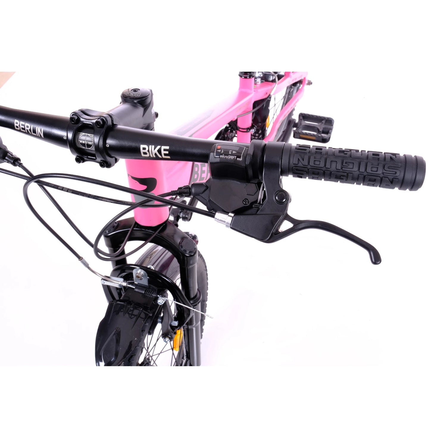 Berlin Bike MTB1 20 Zoll Kinderfahrrad, Rosa bremshebel und schaltgriff am lenker links detail