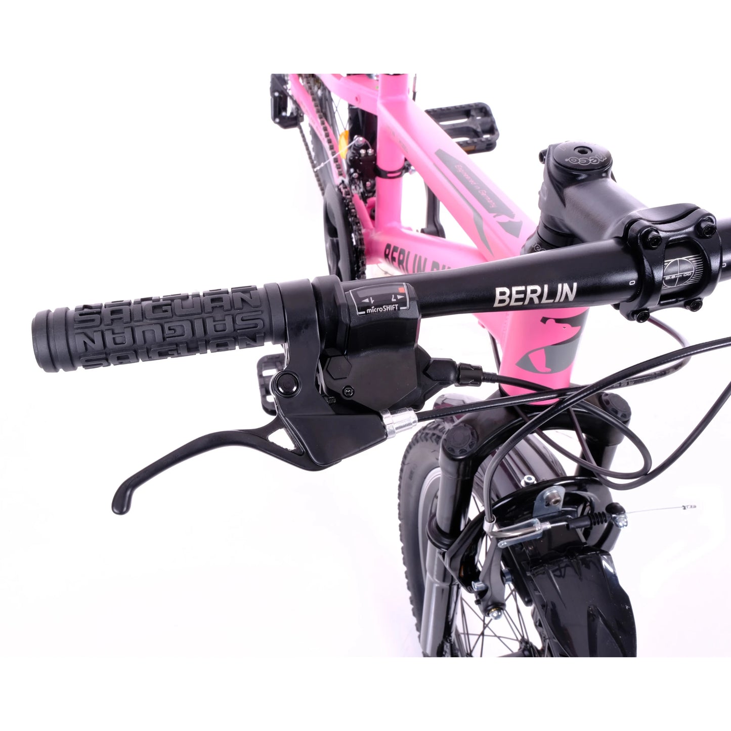 Berlin Bike MTB1 20 Zoll Kinderfahrrad, Rosa bremshebel und schaltgriff am lenker rechts detail