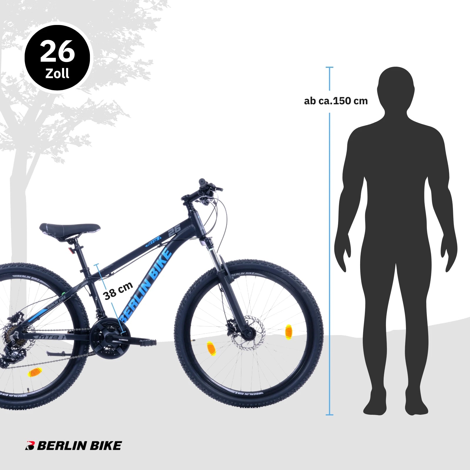 Mountainbike Berlin Bike MTB1 in 26 Zoll mit Größenempfehlung ab etwa 150 cm Körpergröße. Produktfoto für das geländetaugliche MTB.
