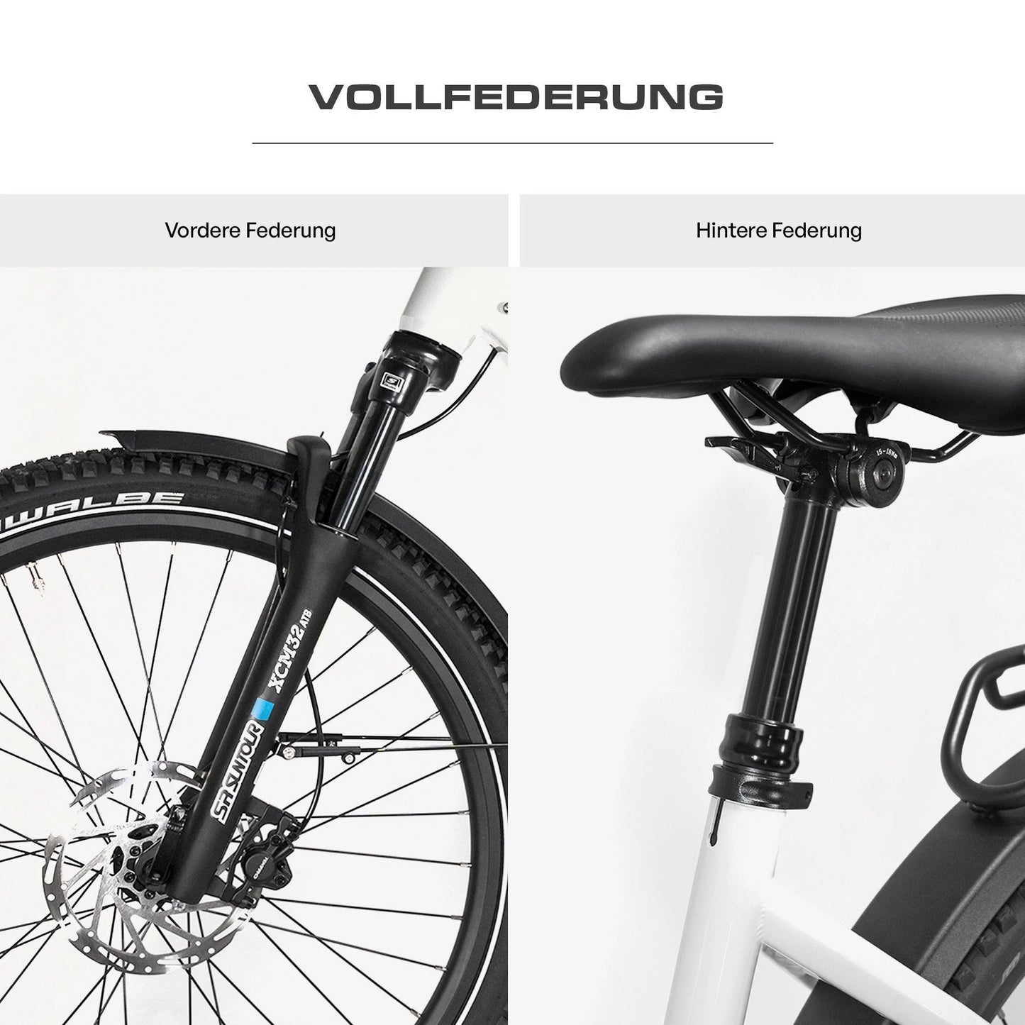 Berlin Bike SUV E-Bike, Schwarz vorne hinten federung detail 1080x1080