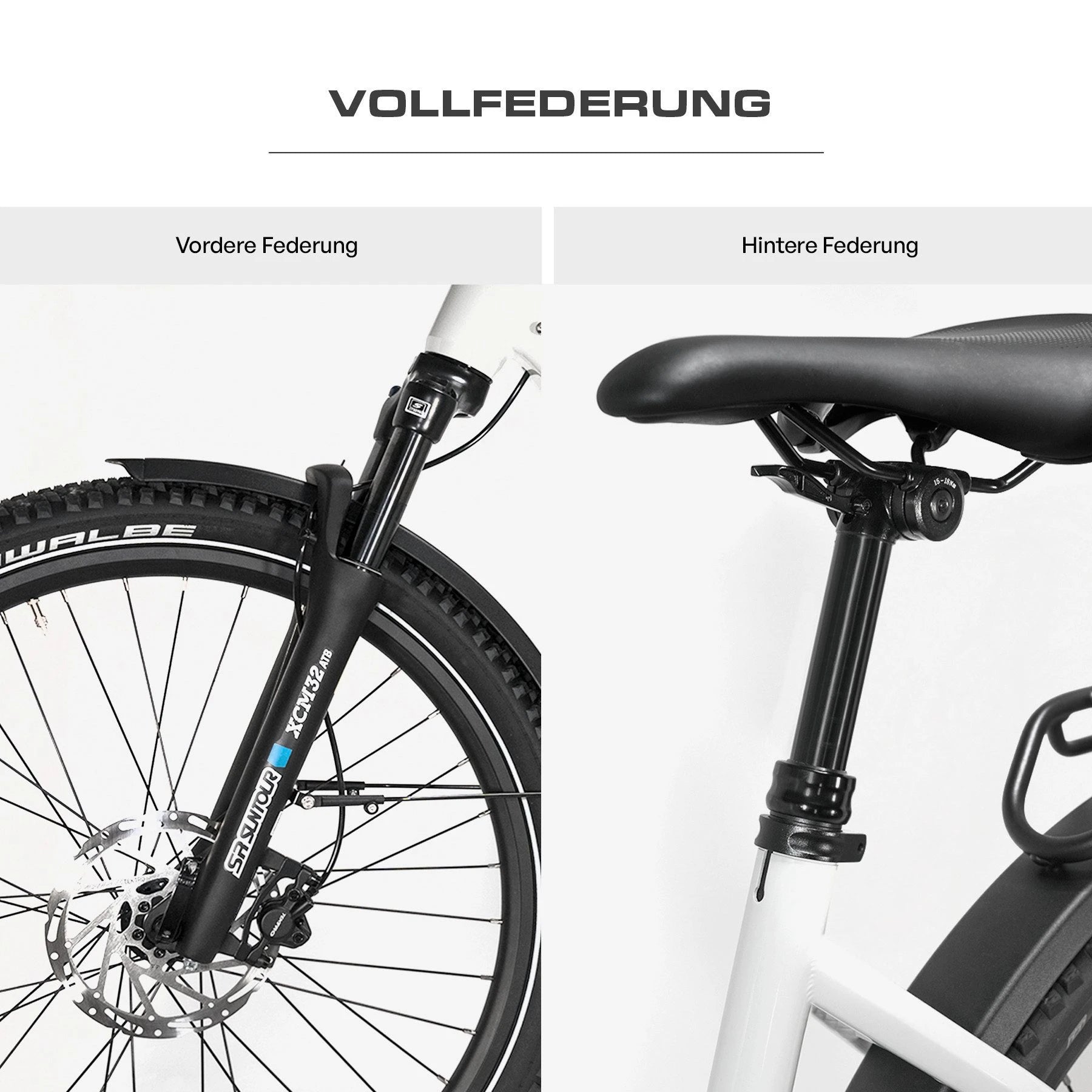 Berlin Bike SUV E-Bike, Schwarz vorne hinten federung detail 1080x1080